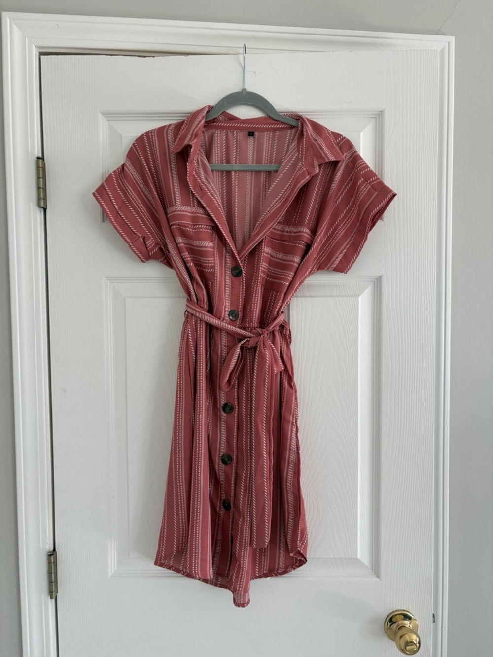 Striped Button-Front Belted Shirt Dress in Dusty Rose